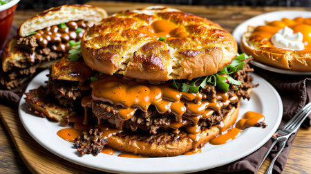 A Large Sandwich On A White Plate On A Wooden Table. Generative AIの素材
