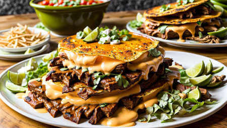 A Stack Of Food Sitting On Top Of A White Plate. Generative AIの素材