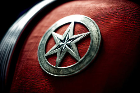 A Close Up Of A Metal Star On A Red Cloth. Generative AIの素材