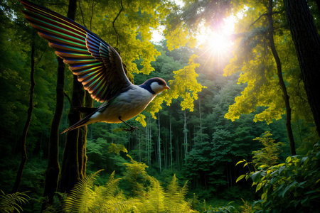 A Bird Flying Over A Lush Green Forest. Generative AIの素材