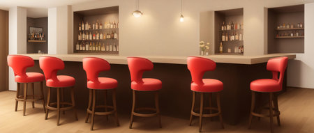 A Row Of Red Chairs Sitting Next To A Bar. Generative AIの素材