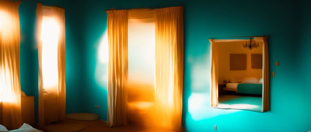 A Room With A Bed And A Mirror On The Wall. Generative AIの素材