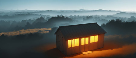 A Small House Sitting In The Middle Of A Foggy Forest. Generative AIの素材