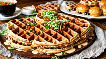 A Stack Of Waffles Sitting On Top Of A Wooden Table. Generative AIの素材