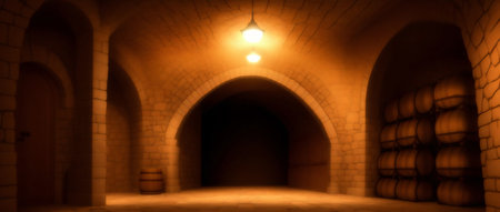 A Dimly Lit Tunnel With Barrels On Either Side. Generative AIの素材