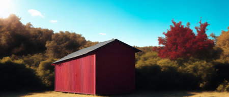 A Red Shed Sitting In The Middle Of A Field. Generative AIの素材