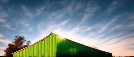 A Green Building Sitting In The Middle Of A Field. Generative AIの素材