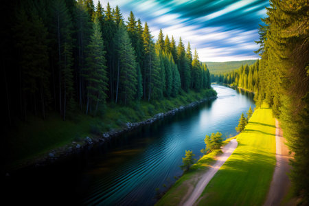 A River Running Through A Lush Green Forest. Generative AIの素材