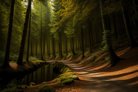 A Path In The Middle Of A Forest Next To A Body Of Water. Generative AIの素材