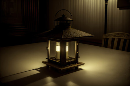A Lit Lantern Sitting On Top Of A Table. Generative AIの素材