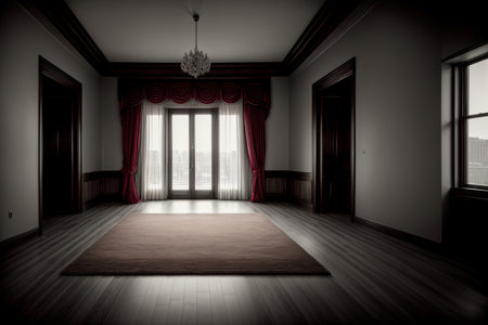 An Empty Room With A Chandelier Hanging From The Ceiling. Generative AIの素材