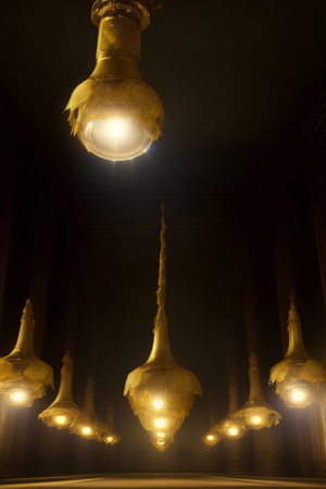 A Group Of Lights Hanging From A Ceiling. Generative AIの素材