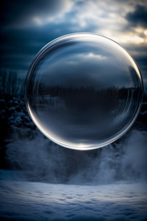 A Soap Bubble Floating In The Air Over A Snow Covered Ground. Generative AIの素材