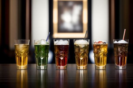 A Row Of Glasses Filled With Different Types Of Drinks. Generative AIの素材