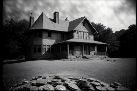 A House With Stacks Of Coins In Front Of It. Generative AIの素材