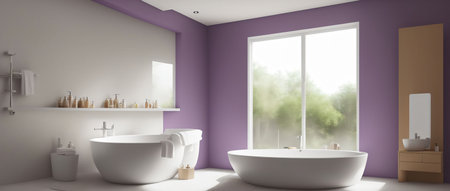 A Bath Room With A Tub A Sink And A Window. Generative AIの素材