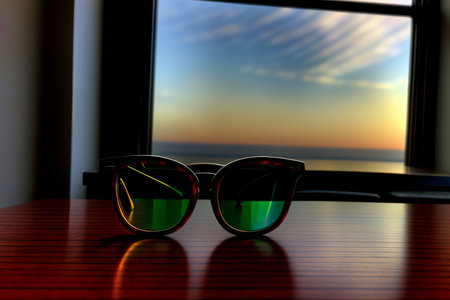 A Pair Of Sunglasses Sitting On Top Of A Wooden Table. Generative AIの素材