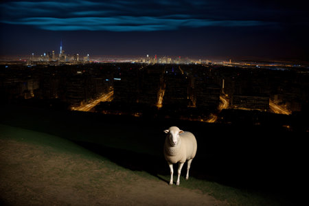 A White Sheep Standing On Top Of A Lush Green Field. Generative AIの素材