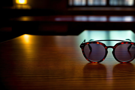 A Pair Of Glasses Sitting On Top Of A Wooden Table. Generative AIの素材