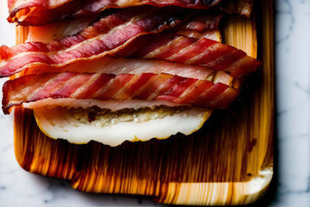 A Wooden Cutting Board Topped With Slices Of Bacon. Generative AIの素材