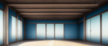 An Empty Room With Blue Walls And Wooden Floors. Generative AIの素材