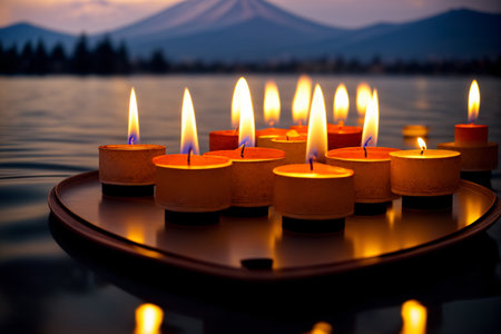 A Row Of Lit Candles Sitting On Top Of A Table. Generative AIの素材