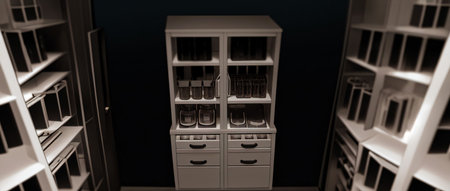 A Tall White Cabinet Filled With Lots Of Bottles. Generative AIの素材