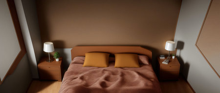 A Bed Room With A Neatly Made Bed And Two Night Stands. Generative AIの素材