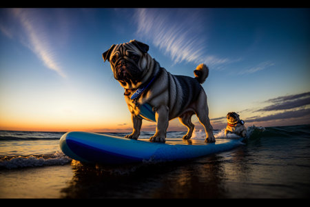 A Pug Dog Standing On A Surfboard On The Beach. Generative AIの素材