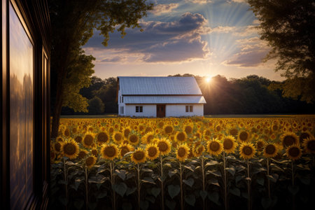 A Sunflower Field With A Barn In The Background. Generative AIの素材