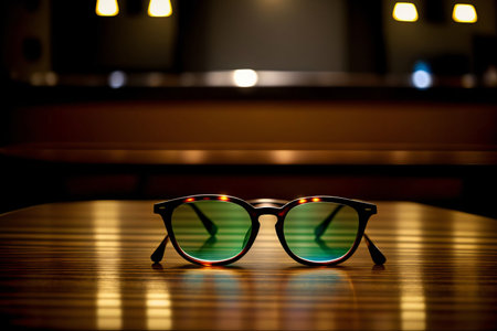 A Pair Of Glasses Sitting On Top Of A Wooden Table. Generative AIの素材
