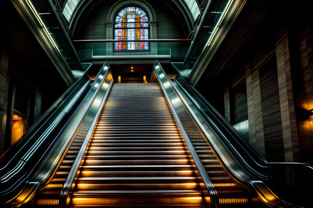 An Escalator In A Building With A Stained Glass Window. Generative AIの素材