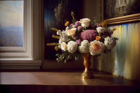 A Vase Of Flowers Sitting On A Table In Front Of A Window. Generative AIの素材