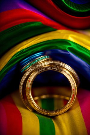 A Wedding Ring Sitting On Top Of A Rainbow Colored Cloth. Generative AIの素材