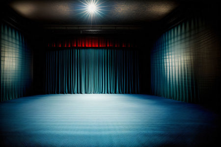 A Dimly Lit Stage With Curtains And Lights. Generative AIの素材