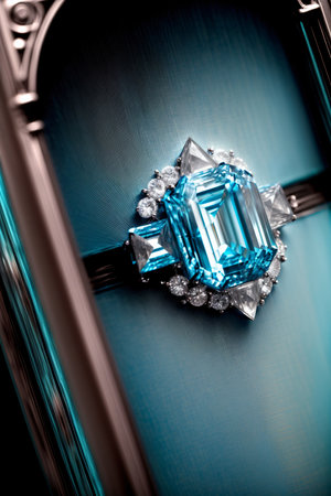 A Fancy Blue Diamond Ring On A Blue Background. Generative AIの素材