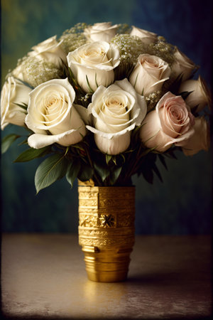 A Bouquet Of White Roses In A Gold Vase. Generative AIの素材