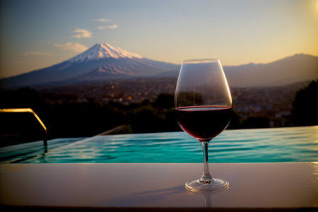 A Glass Of Wine Sitting On Top Of A Table Next To A Pool. Generative AIの素材