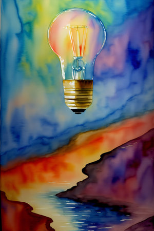 A Painting Of A Light Bulb Above A Body Of Water. Generative AIの素材