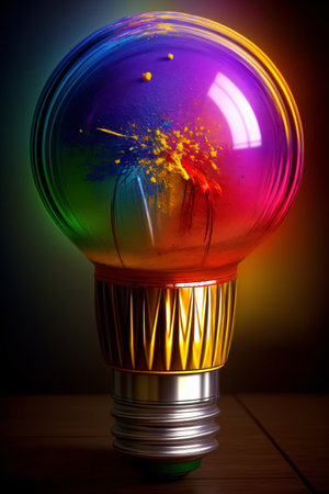 A Colorful Light Bulb Sitting On Top Of A Wooden Table. Generative AIの素材