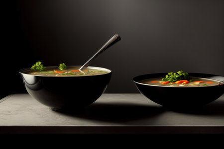 Two Bowls Of Soup With Carrots And Broccoli. Generative AIの素材