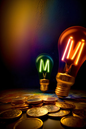 A Light Bulb Sitting On Top Of A Pile Of Coins. Generative AIの素材