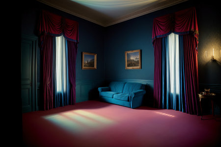 A Living Room With A Blue Couch And Red Carpet. Generative AIの素材
