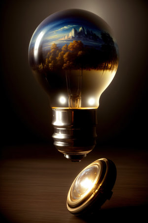 A Light Bulb Sitting On Top Of A Wooden Table. Generative AIの素材