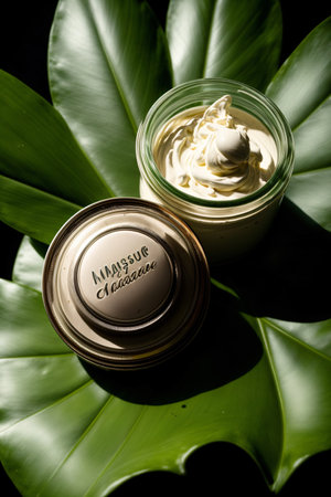 A Jar Of Cream Sitting On Top Of A Green Leaf. Generative AIの素材