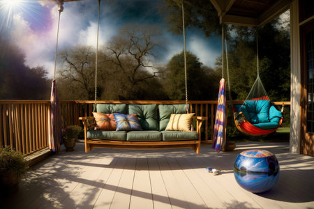 A Porch With A Swing Chair And A Hammock. Generative AIの素材