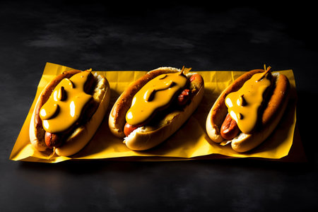 Three Hot Dogs With Mustard And Ketchup On Them. Generative AIの素材