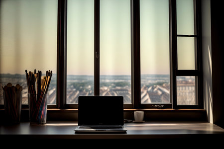 A Laptop Computer Sitting On Top Of A Desk Next To A Window. Generative AIの素材