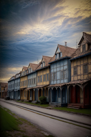 A Row Of Houses Sitting On The Side Of A Road. Generative AIの素材