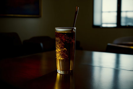 A Glass Filled With Liquid Sitting On Top Of A Table. Generative AIの素材